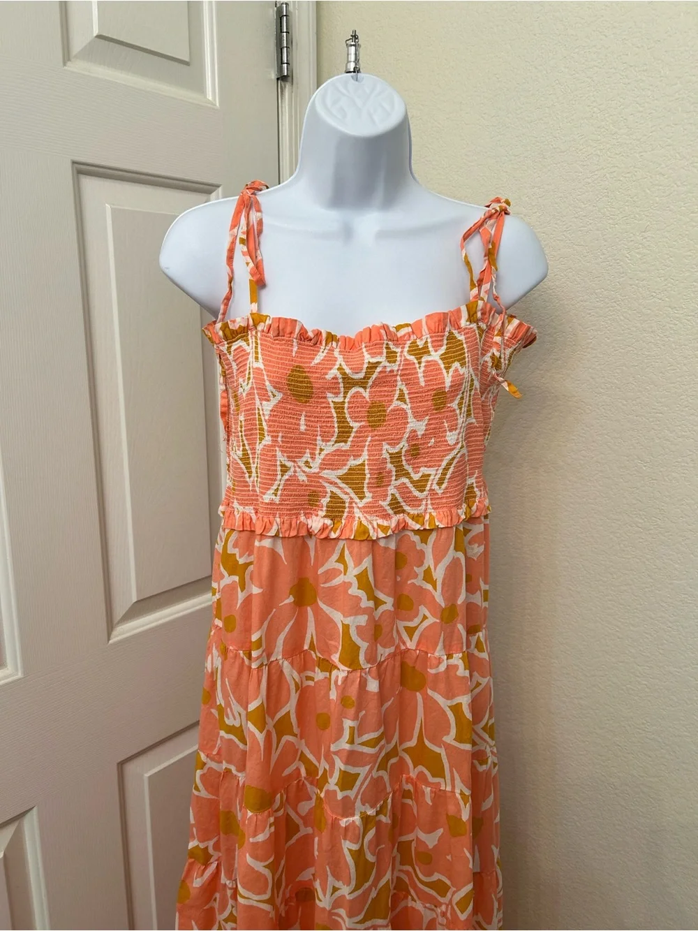 J. Crew Orange Floral Smocked Tie-Shoulder Maxi Dress